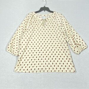Croft & Barrow Peasant Paisley Blouse Women's XL Cream Red 3/4 Sleeve V Neck Tie